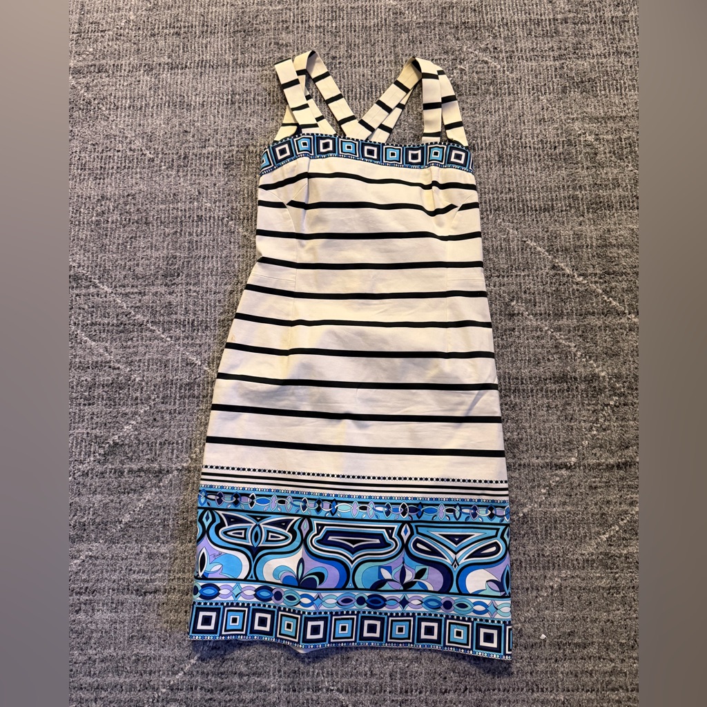 Emilio Pucci Striped And Patterned Midi Dress In Cream And Blue
